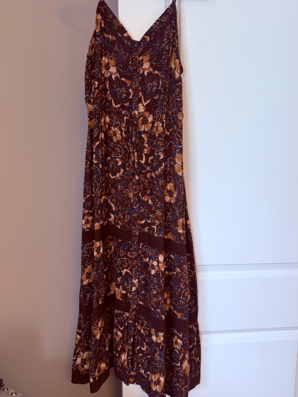 Idyllwind Brown Floral Tiered Maxi Dress with Blue Accents